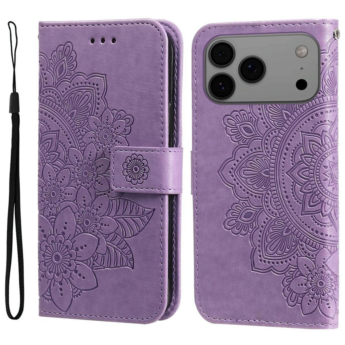 Mobigear Telefoonhoesje geschikt voor Apple iPhone 17 Pro Max Hoesje | Mobigear Flowers Bookcase Portemonnee | Pasjeshouder voor 3 Pasjes | Telefoonhoesje voor Pinpas / OV Kaart / Rijbewijs - Paars