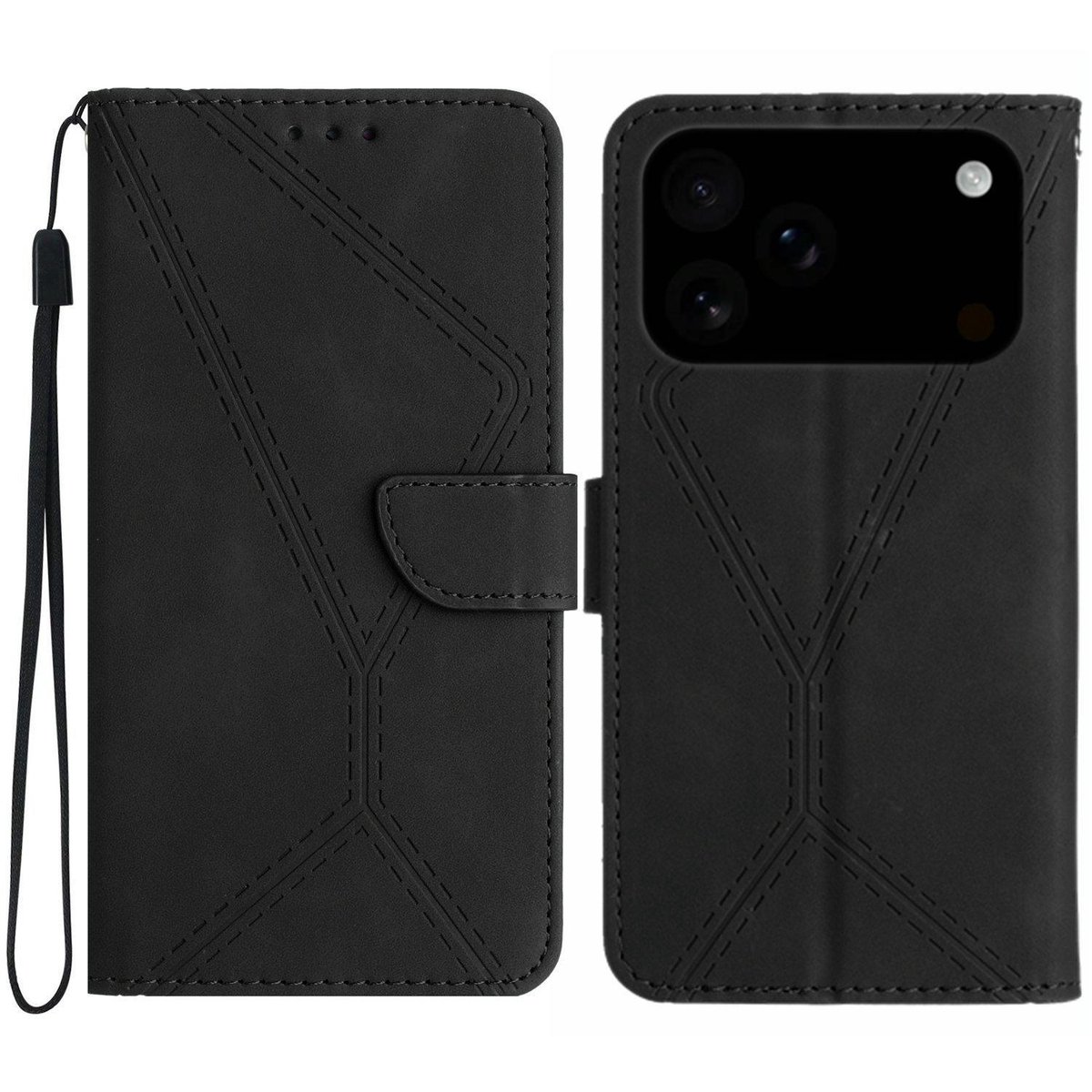 Mobigear Telefoonhoesje geschikt voor Apple iPhone 17 Pro Hoesje | Mobigear Stitch Bookcase Portemonnee | Pasjeshouder voor 3 Pasjes | Telefoonhoesje voor Pinpas / OV Kaart / Rijbewijs - Zwart