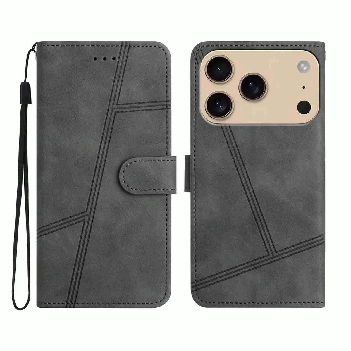 Mobigear Telefoonhoesje geschikt voor Apple iPhone 17 Pro Hoesje | Mobigear Stitch Bookcase Portemonnee | Pasjeshouder voor 2 Pasjes | Telefoonhoesje voor Pinpas / OV Kaart / Rijbewijs - Grijs