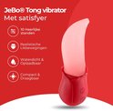 Een rode 'JeBo Tong vibrator' met een flexibele, lichtroze tong en "satisfyer"-functie. Iconen tonen 10 standen, realistische likbewegingen, waterdicht & oplaadbaar, compact & draagbaar.