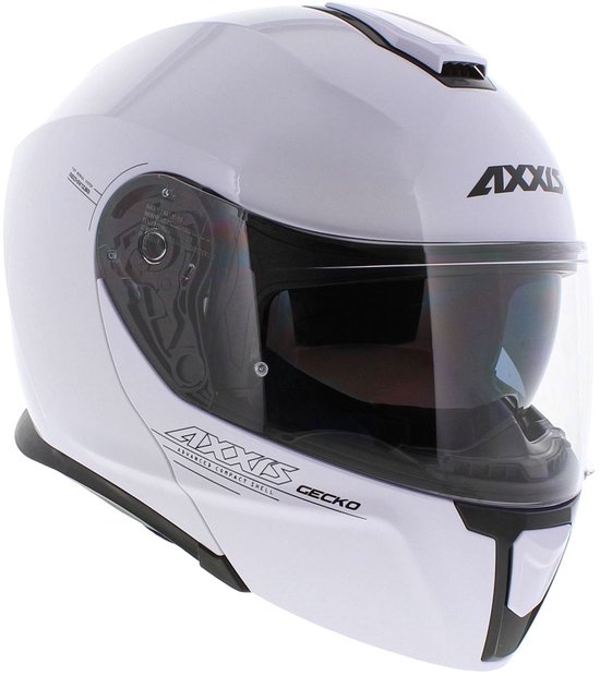 Witte systeemhelm met AXXIS logo en getint vizier. De helm heeft ventilatieopeningen en een kinband.