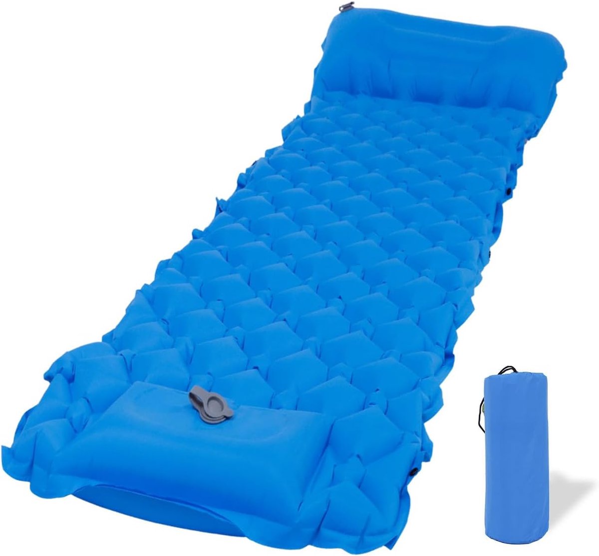 Zelfopblazende ultralichte slaapmat voor kamperen in de buitenlucht, blauw luchtmatras zelfopblazend met voetpomp, opvouwbare slaapmat met kussen, slaapmat klein verpakkingsformaat, blauw