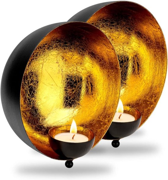 ZEYA Set of 2 Tea Light Holders, Diameter 15 cm, Black Gold Metal