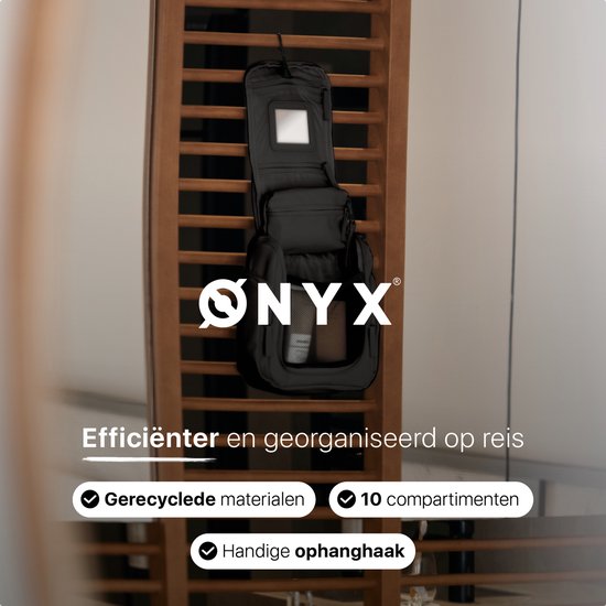 ONYX Toilettas Zwart - Make Up Tasje - Cosmetica Organizer - Interne Organizers - Beautycase & Make-Up Spiegel - Toiletzak Hangbaar met Haak - Dames en Heren - Maat: L