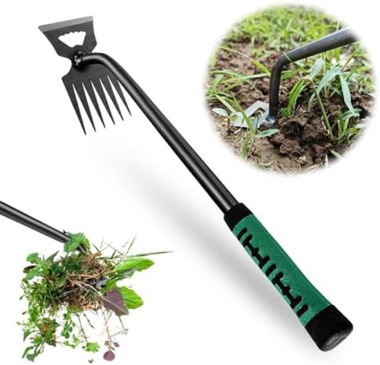 Foto: Tuinieren hand onkruidsteker onkruidverwijderaar met 6 scherpe tanden lange steel en ergonomische rubberen handgreep multifunctioneel gereedschap voor tuin potplanten en boerderij