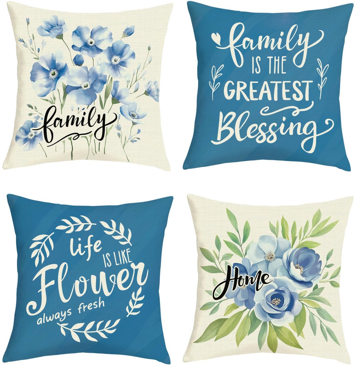 Ibenzoa Kussenhoezen Set van 4 Stuks Bloemenprint in Blauw voor Sierkussens in Woonkamer en Slaapkamer