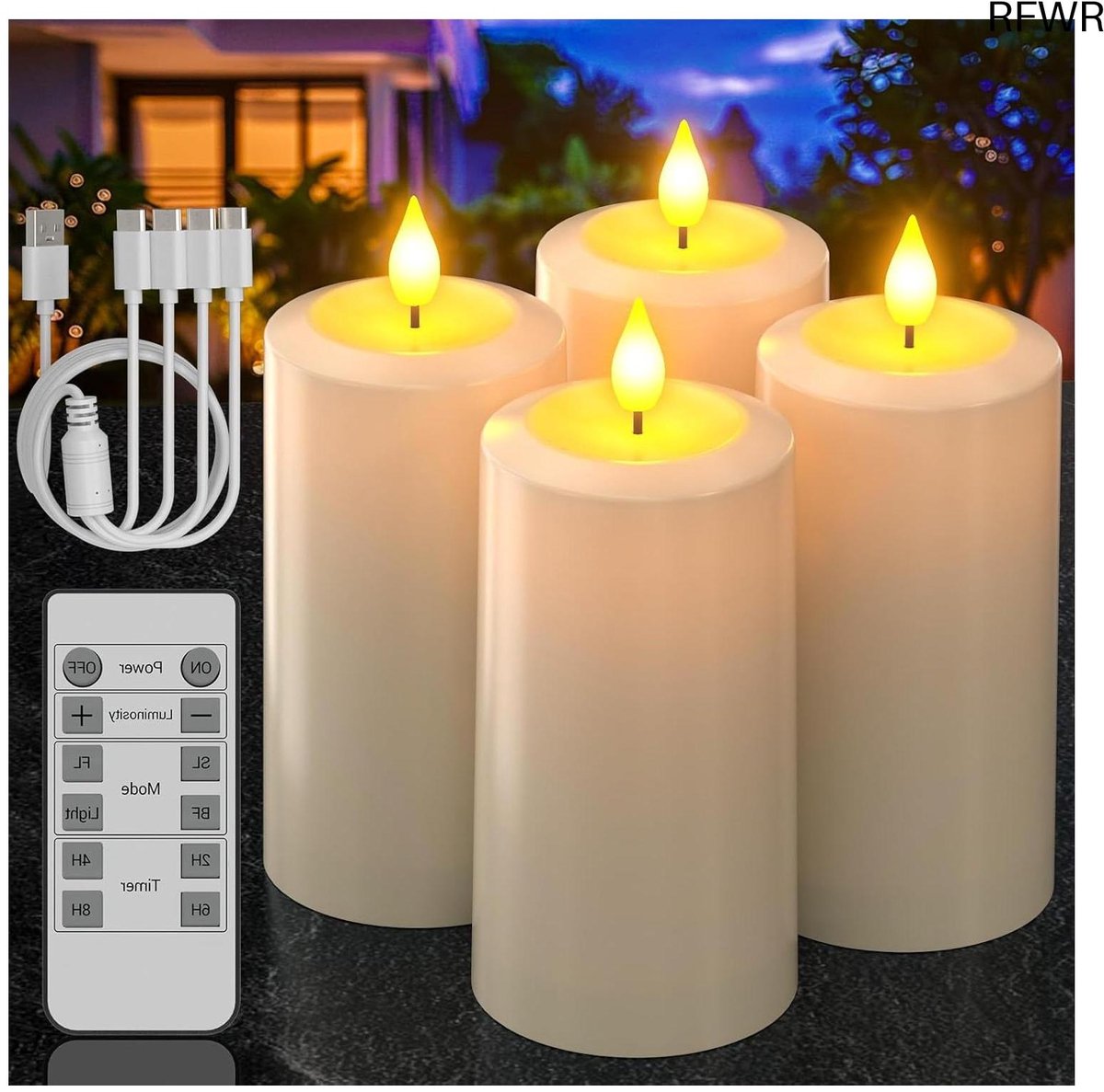 RFWR Oplaadbare Vlamloze Kaarsen met Afstandsbediening – Set van 4 LED Kaarsen voor Binnen en Buiten, Waterdicht en Flikkerend, Perfect voor Halloween en Kerstmis Ivoor