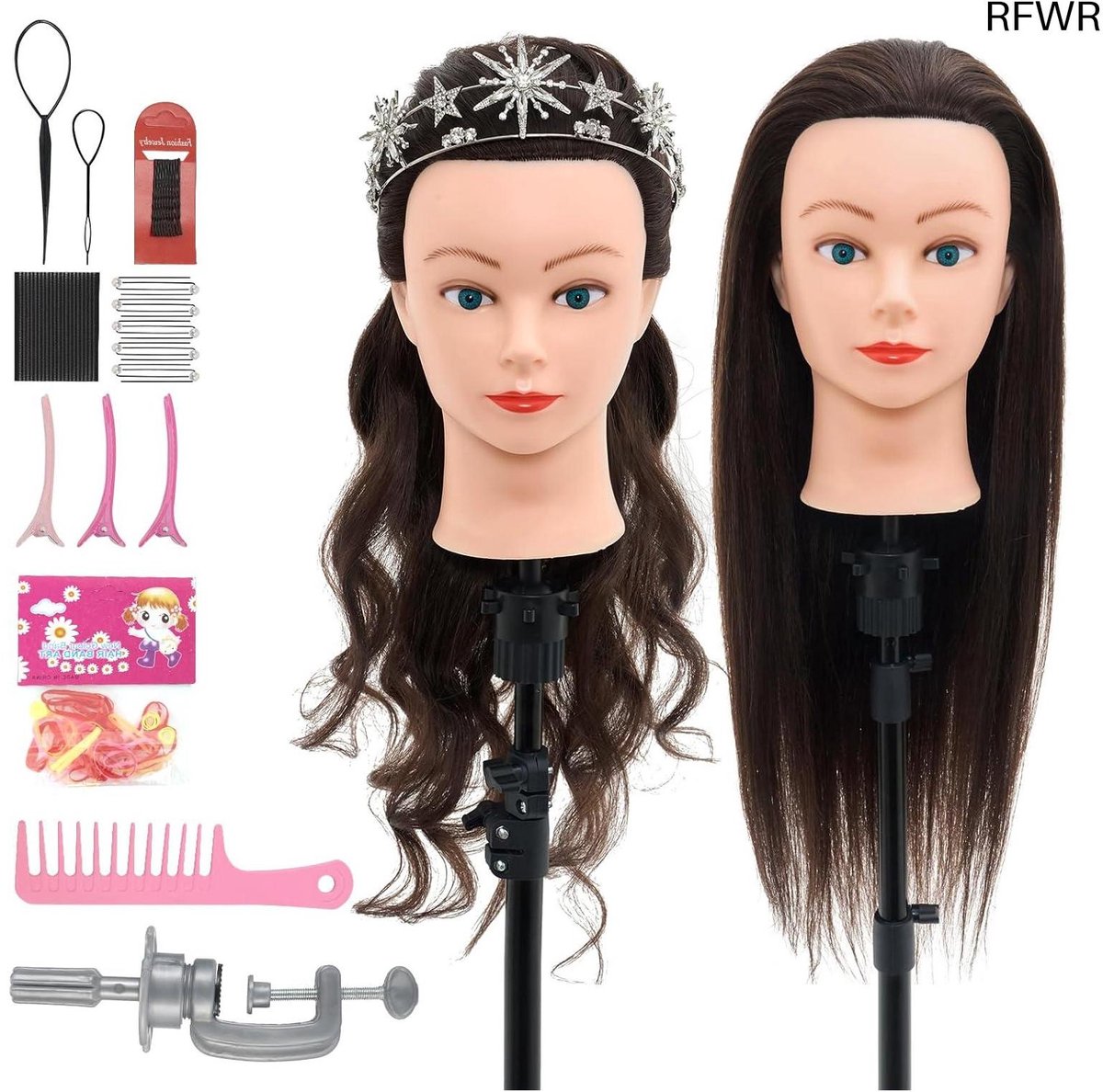 RFWR® 28 Inch Kappershoofd met 60% Echt Haar en Haarstyling Set
