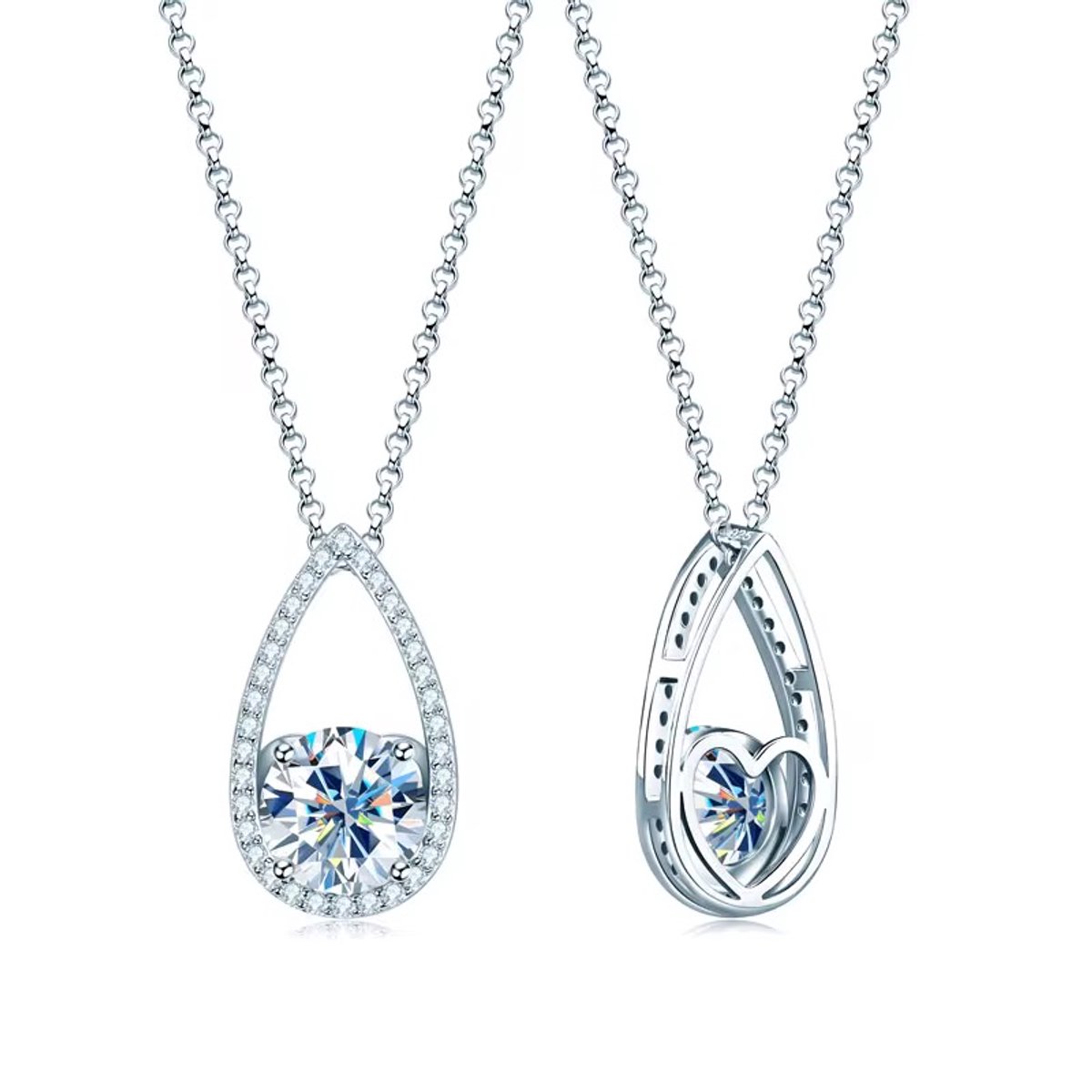Selevie ketting witgoud met Halo hanger volledig moissanite bezet met 2.ct ronde Moissanite steen - Halo Moissanite necklace pendant