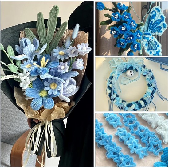 Niuny Pijpenrager om te knutselen, bloemen, 500 stuks, pijpenragers, bloemen, 5 kleuren, pijpenrager om te knutselen, pijpenreiniger, groen met bloemdraad, stofbak, plakband voor doe-het-zelf boeket