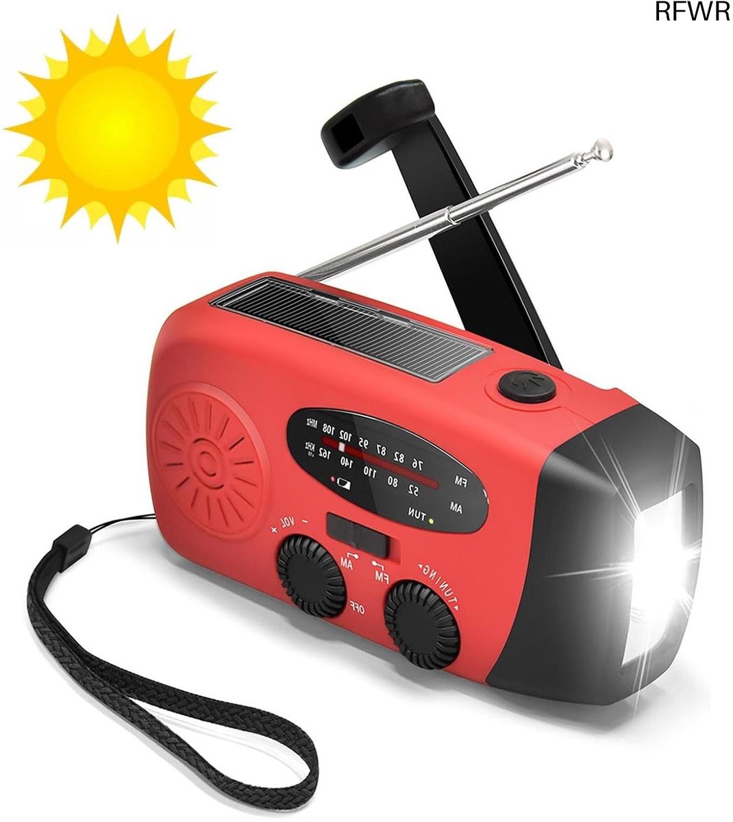 RFWR® Noodradio en Zonne-Oplaadbare Zwengelradio met 2000 mAh Batterij en SOS-alarm voor Noodsituaties