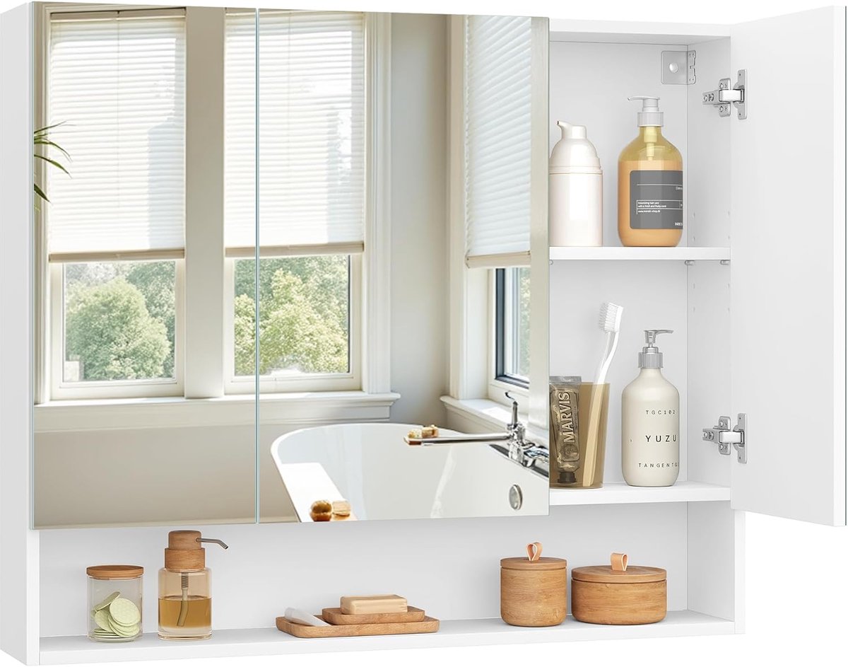 VASAGLE Badkamerkast met 3 deuren – Spiegelkast – inclusief open vak en verstelbare planken – 16,5 × 90 × 75 cm – Cloud White (model BBK130W01)
