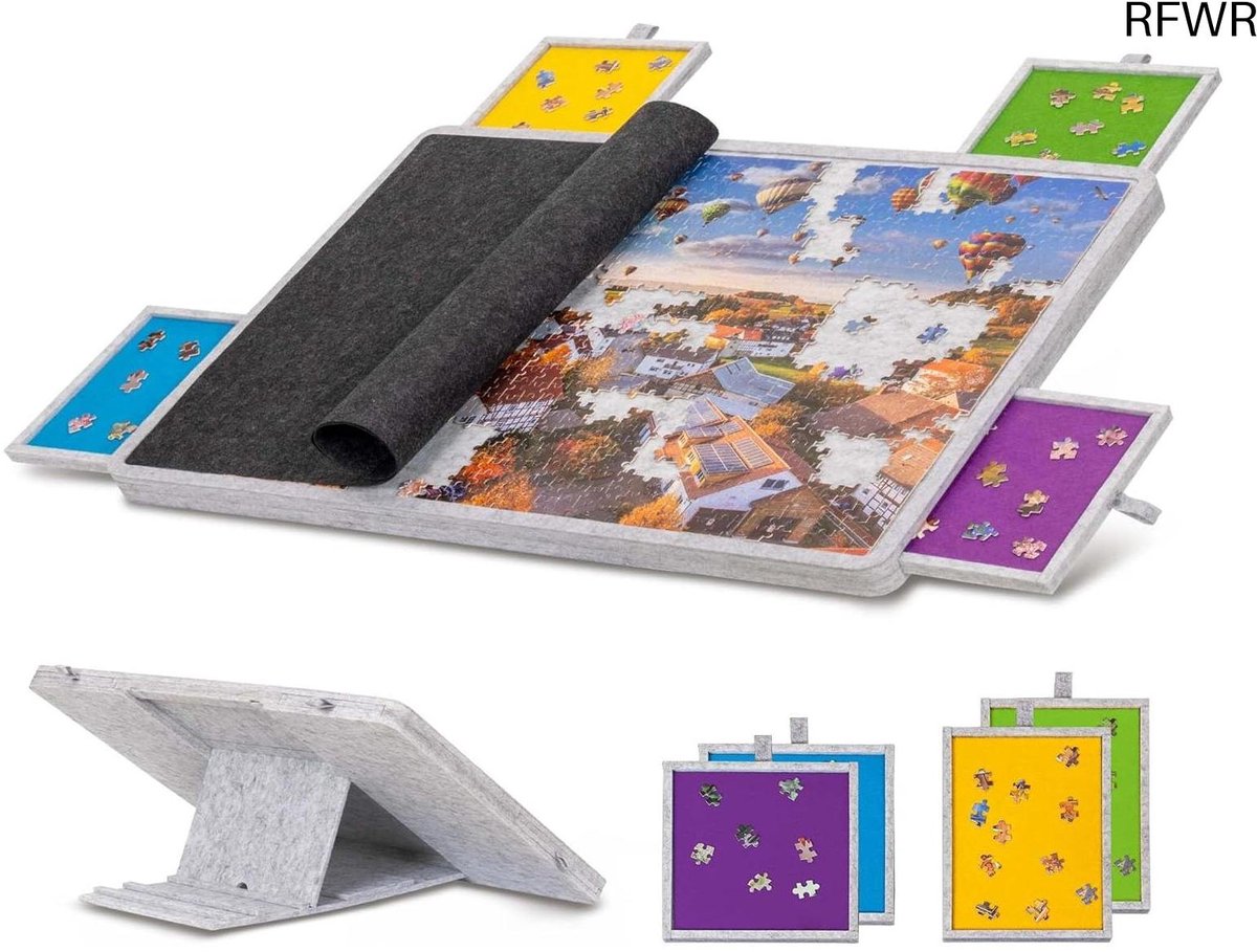 RFWR® Kantelbaar Puzzelbord met 4 Kleurrijke Laden en Hoes - Lichtgewicht en Draagbare Vilten Puzzeltafel met 3 Kantelopties en Opslag voor Legpuzzels
