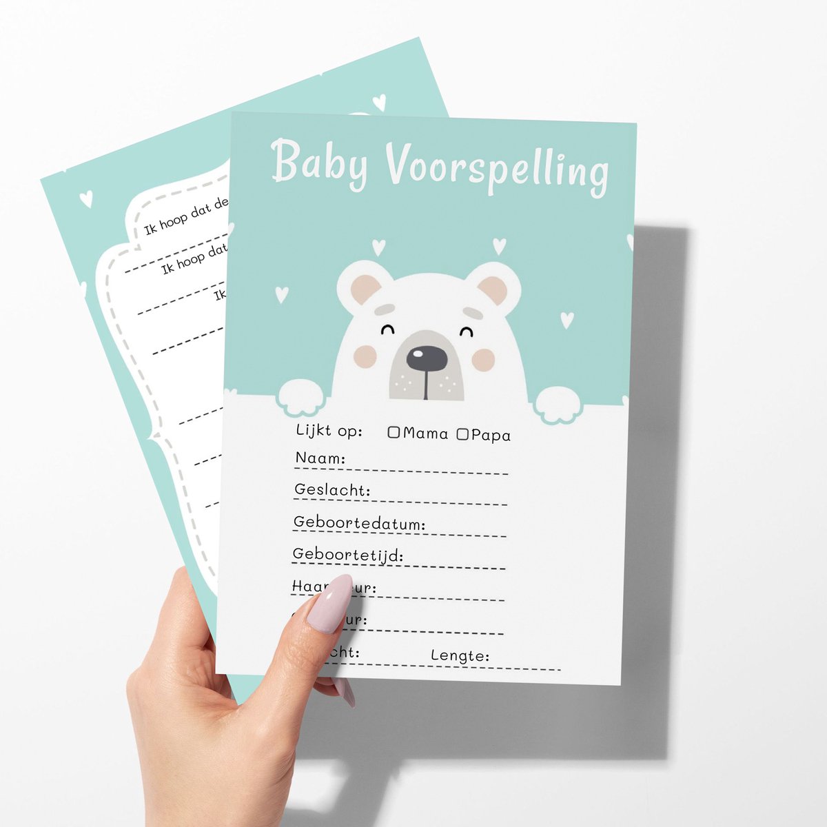 Consumerce® Babyshower Gender Reveal Invulkaarten Blauwe Ijsbeer – 10 Stuks – Invulboek Cadeau – Baby Shower Spelletjes – Jongen Meisje – Boy Girl – Genderreveal – Voorspellingen – Voorspel Kaarten Set – Decoratie Kraskaart