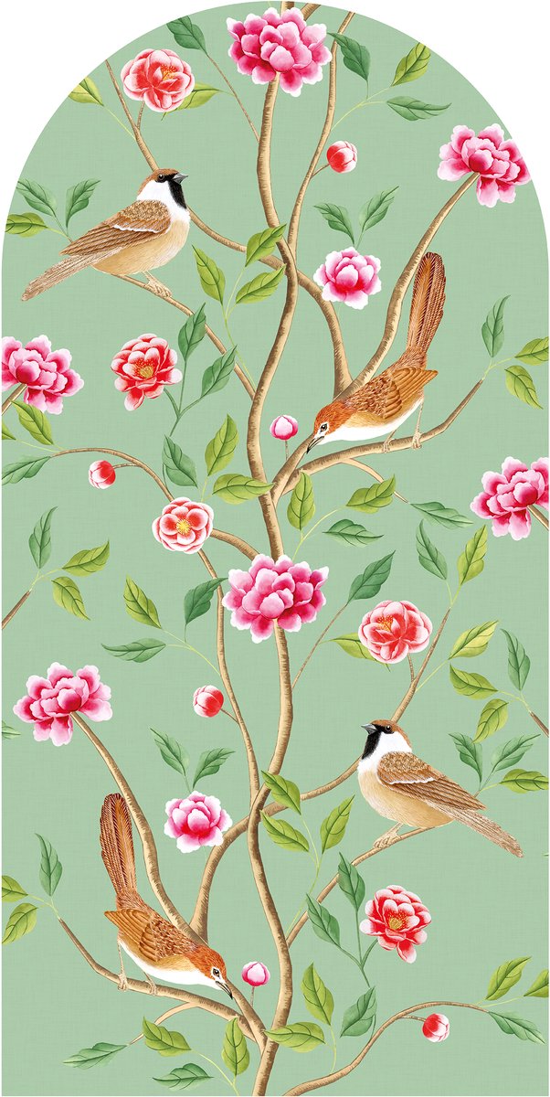 Muursticker - behangboog - Chinoiserie - vogels met bloemen en planten - 75 x 150 cm - wanddecoratie woonkamer - slaapkamer - zelfklevend behang - peel and stick wallpaper
