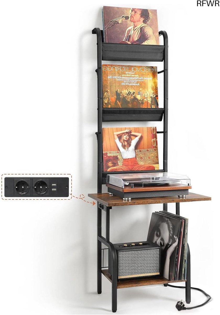 RFWR® Platenspeler Meubel met Opbergfunctie voor Tot 200 Albums – Standaard voor Vinyl en Wandmontage