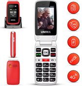 Senioren GSM Telefoon 4G – Grote Toetsen, SOS Noodknop - Klap - Simlockvrij - Oplaadstation en Luid Geluid – Uniwa V202T Rood – Ideaal voor Ouderen - Oma Opa
