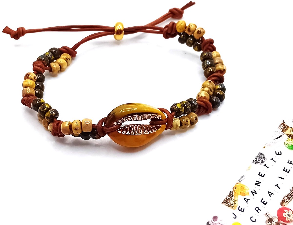 Jeannette-Creatief® - Kauri - Kauri Picasso Oker - Kauri Armband - Armband Dames - Armband - Schelp - Miyuki Picasso Rocailles - Leer - Kralen - Boho - IBIZA - Schelpenarmband - Miyuki Armband