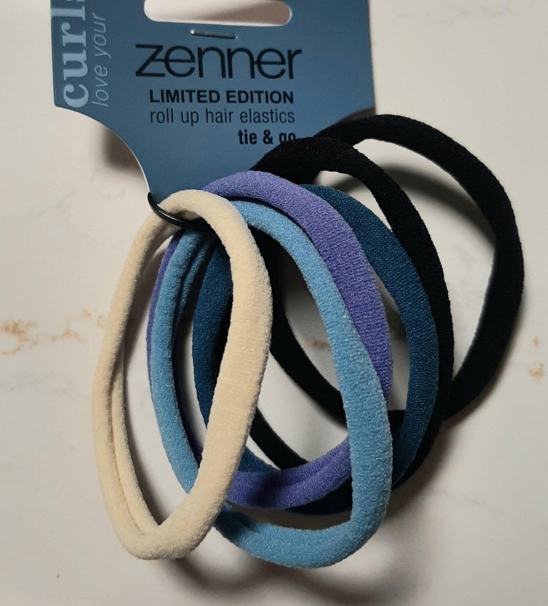 Zenner curls limited edition - tie & go elastics - 6 metaalvrije elastiekjes soft - blauw tinten zwart wit - haarelastiekjes - elastiek