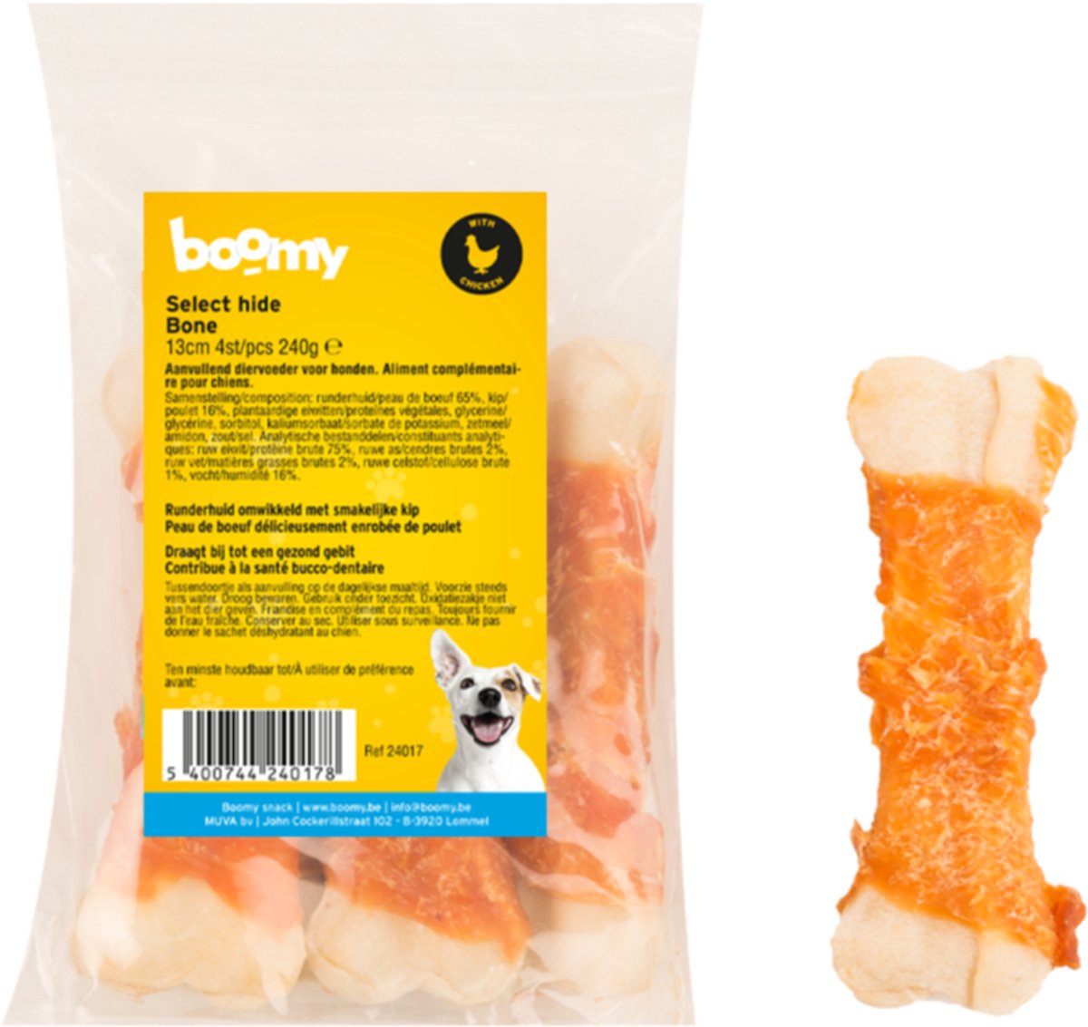 Boomy - Bot met Kip - Natuurlijke hondensnacks van runderhuid met malse kip - Hondensnoepjes - Kauwbot hond - Kauwstaaf hond - 13cm - 4st