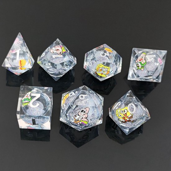 Ensemble de dés Joya Kids® Dungeons and Dragons | Set de Dés DnD Polydice | Ensemble de dés D&D | Ensemble de 7 pièces en résine | Coffre de rangement de Luxe inclus | Bob l'éponge | Core liquide avec paillettes
