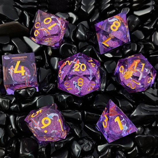 Ensemble de dés Joya Kids® Dungeons and Dragons | Set de Dés DnD Polydice avec Core liquide | Ensemble de dés D&D | Ensemble de 7 pièces en résine | Coffre de rangement de Luxe inclus | Liquid Core Pink avec carpe koï