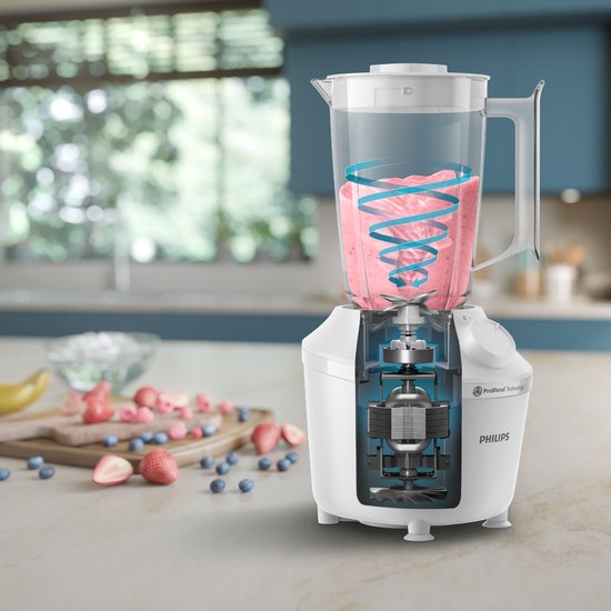 Witte Philips blender met glazen kan, doorsnede toont motor en illustratie van draaikolk.