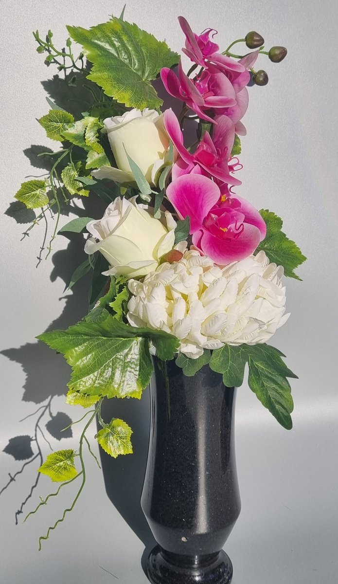 Zijdenbloemen - Boeket 15 - 50cm - Orchidee - 2 rozen - Chrysant - Wit/Roze - Vaasstuk