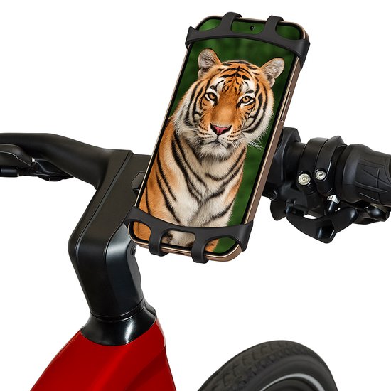 Zwarte telefoonhouder op een rode fiets met een close-up van een tijger op het telefoonscherm.