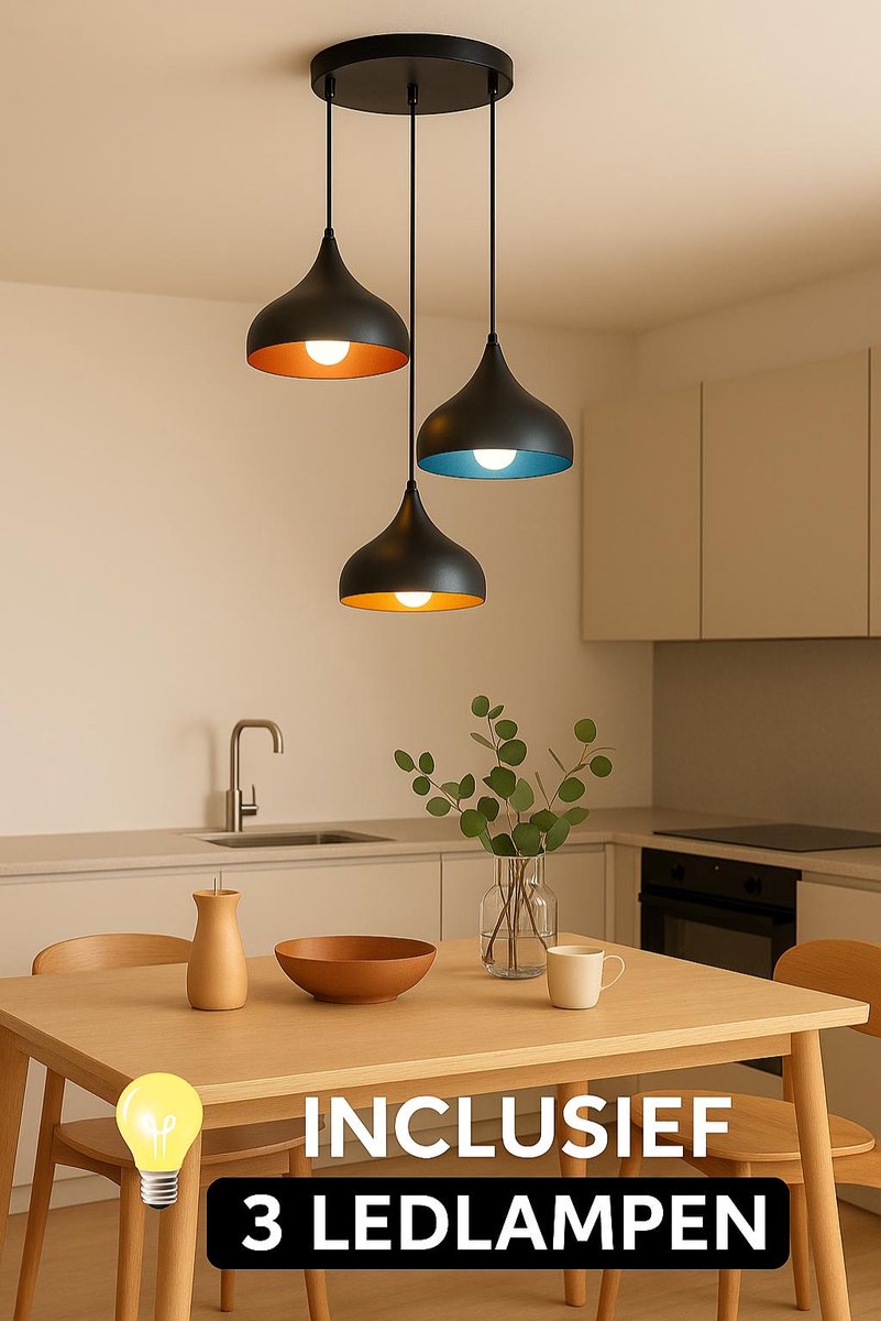 Mogi Products– Moderne Hanglamp met 3 Kleurrijke Kappen –Inclusief 3 led lampen – Verstelbaar en Stijlvol Ontwerp