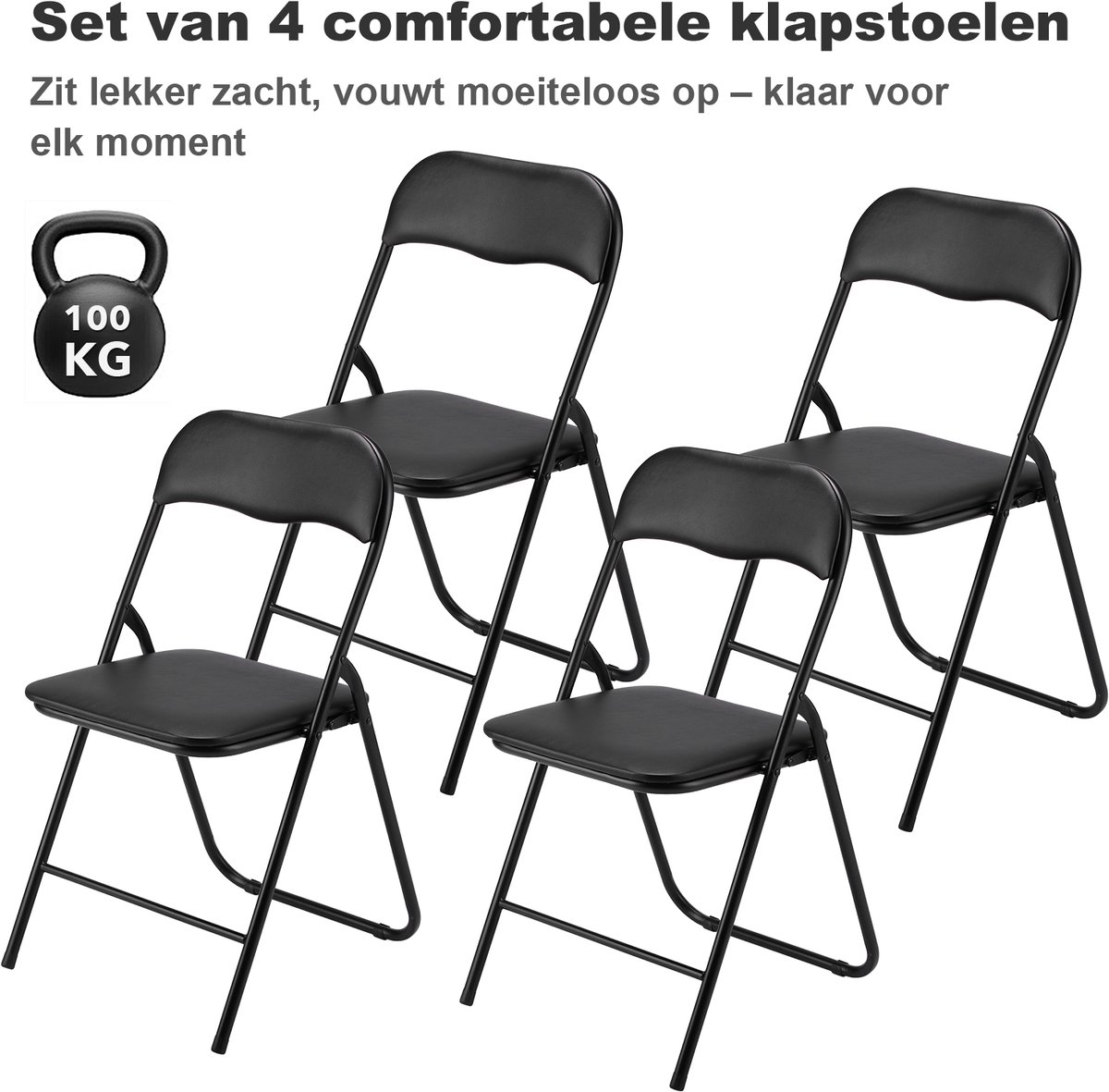 Bardi Set van 4 - Klapstoel - Vouwstoel - Opvouwbare Stoel - Comfortabel & Lichtgewicht - 100kg draagkracht - 43 x 38 x 87 cm - PVC - Eettafelstoel - ZWART Zwart 4 set