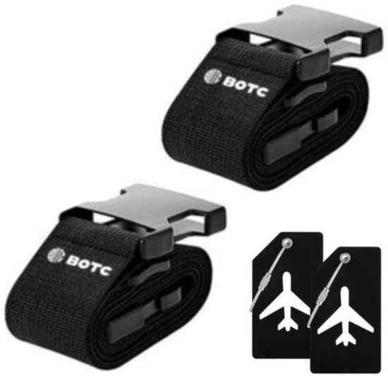 BOTC Kofferriem met Kofferlabel - 4-Delig - 2 Kofferband en 2 Bagagelabel - bagageriemen - Bagageband - Verstelbaar - Zwart