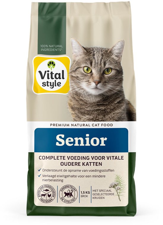 VITALstyle Senior - Kattenbrokken - Extra Ondersteuning Voor De Oudere Kat - Met o.a. Brandnetel & Zoethoutwortel - 1,5 kg