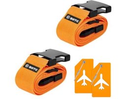BOTC Kofferriem met Kofferlabel - 4-Delig Kofferband set - 2 Kofferband en 2 Bagagelabel - bagageriemen - Bagageband - Verstelbaar - Oranje