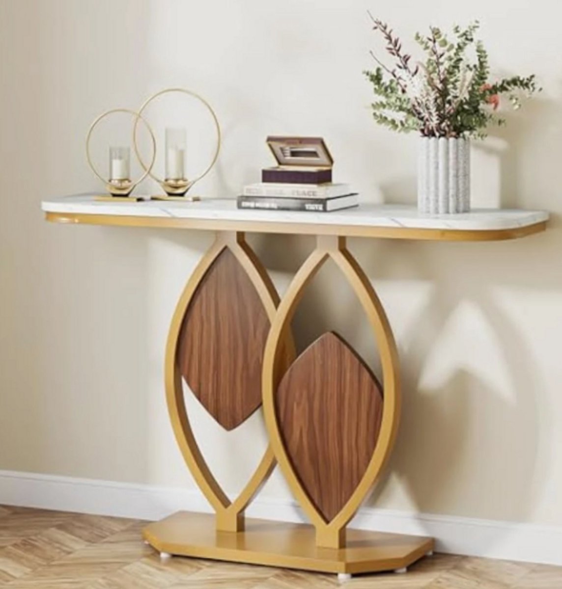 Loire Design Gouden Console Tafel met marmer look – Moderne Entreetafel met Witte Marmeren Top en Geometrisch Metalen Onderstel