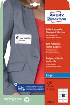Avery Zweckform Naametiketten (200 naamstickers, 85x50 mm op DIN A4, zelfklevend, bedrukbare textieletiketten voor inkjetprinters, verwijderbaar zonder residu, ovaal, 20 vellen J4882-20) wit