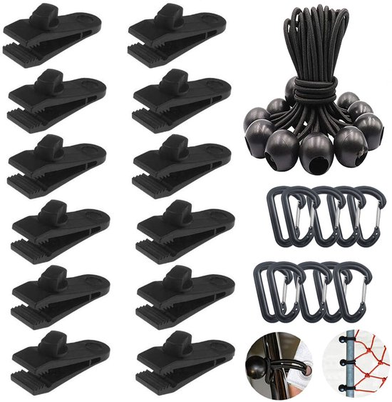 Spanelastiek - Met Tentclip En Karabijnhaak - Elastiek Koord - Spanrubbers - Elastiek Met Bal - Tentelastiek - Tentspanners Met Bal - Elastiek Trampoline - Voor Bootzeil/Zeil/Spandoeken/Schaduwdoek/Aanhangwagen/Tent Koord Spanners - 30 Stuks - Zwart