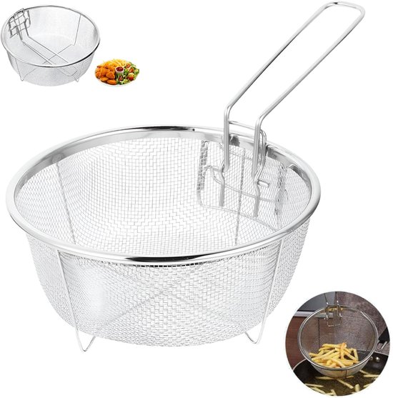 Zilverkleurige, ronde RVS frituurmand met handvat en frietjes, met een klein plaatje van gefrituurde snacks.