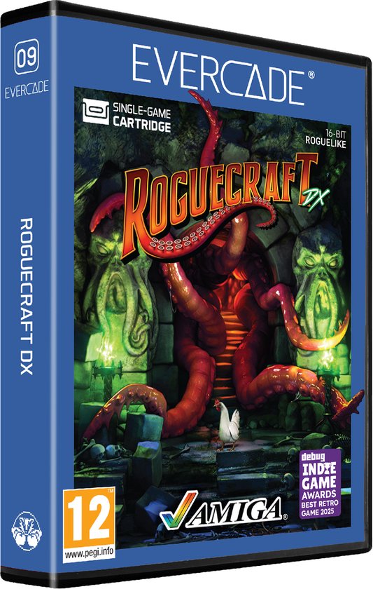 Jeu Evercade "Roguecraft DX" avec un monstre à tentacules rouge semblable à une pieuvre, des statues vertes et un oiseau blanc.