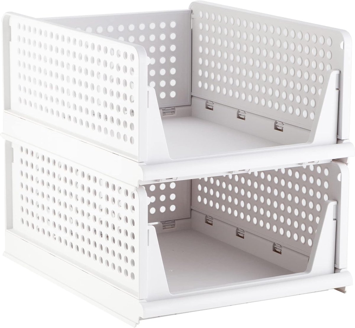 2 stuks stapelbare plastic opbergdozen - opvouwbare kastorganizers - grote witte opbergbakken - voor slaapkamer, badkamer en kantoor