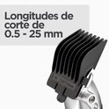 Zwarte opzetkam van een tondeuse, maat #6 (3/4") 19mm. Tekst: Longitudes de corte de 0.5 - 25 mm.