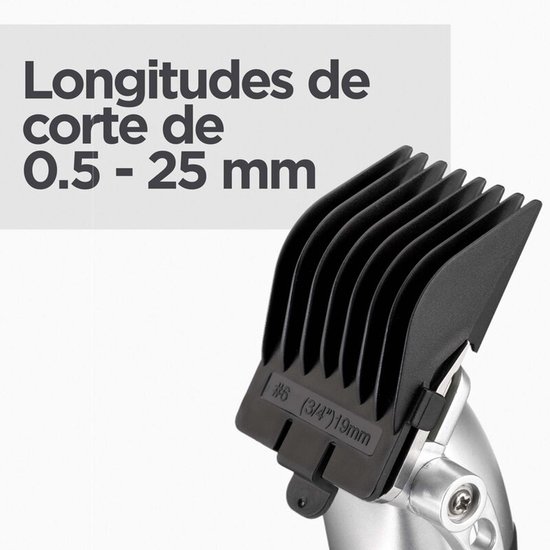 Zwarte opzetkam van een tondeuse, maat #6 (3/4") 19mm. Tekst: Longitudes de corte de 0.5 - 25 mm.