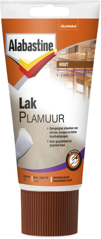Alabastine Lakplamuur in wit voor hout, met een maximale diepte van 1 mm. Voor spiegelglad resultaat.