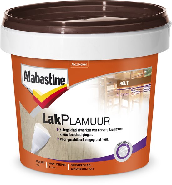 Oranje blik Alabastine Lakplamuur wit, voor glad afwerken van hout.