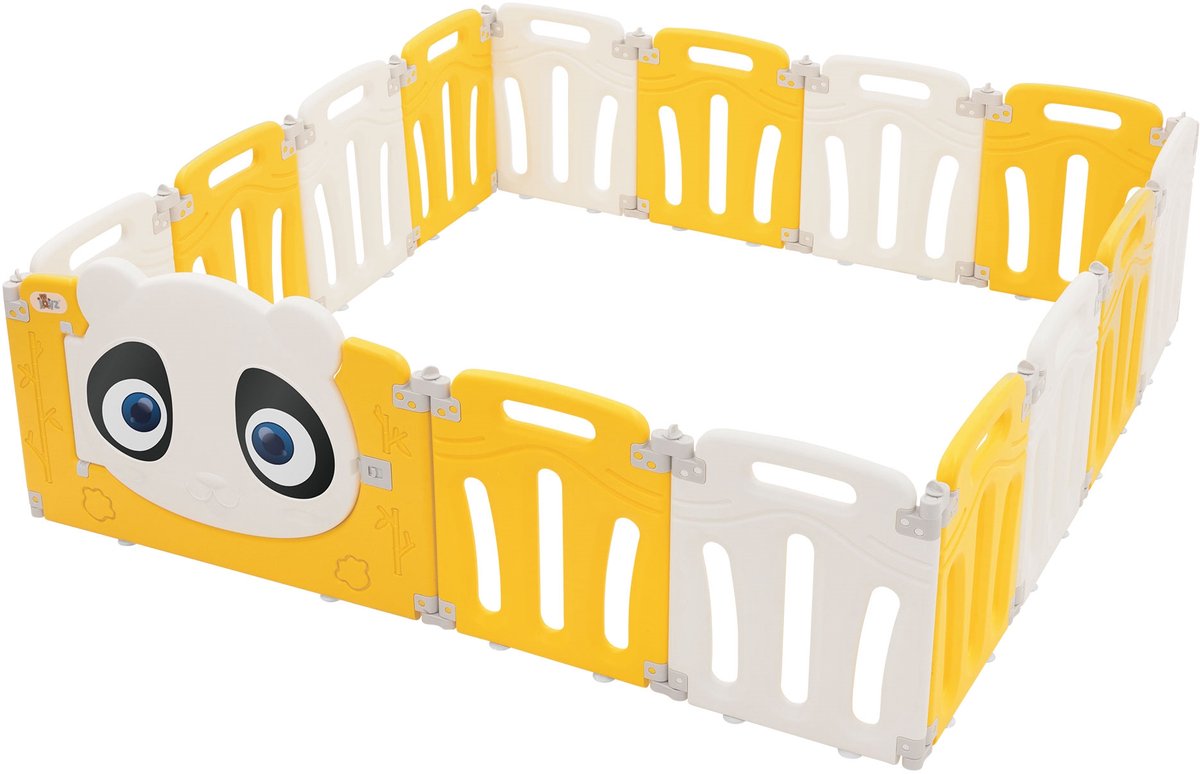 Babybox 160x160 cm wit, geel met panda-motief, opvouwbaar kruiphek Joyz