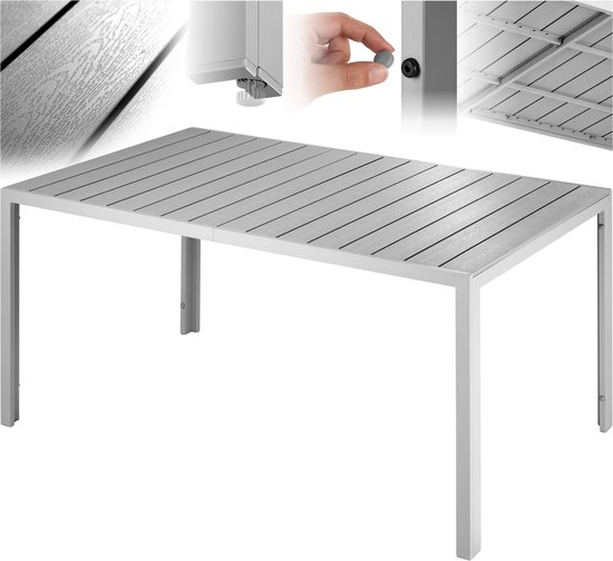 tectake® - Tuintafel 150 x 90 x 74,5 cm - Weerbestendig, eenvoudige montage - Verstelbare pootjes - Aluminium frame met kunststof tafelblad - zilvergrijs
