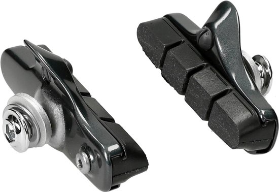 Twee donkergrijze remblokken met groeven voor extra grip. De achterkant heeft een metalen schroefbevestiging.