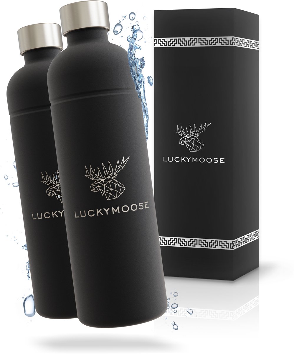 Luckymoose RVS Drinkfles 1,25L - Universeel geschikt voor Bruiswatertoestellen - Set van 2 - Infinity Roestvrijstalen Waterfles - Herbruikbaar - Zwart