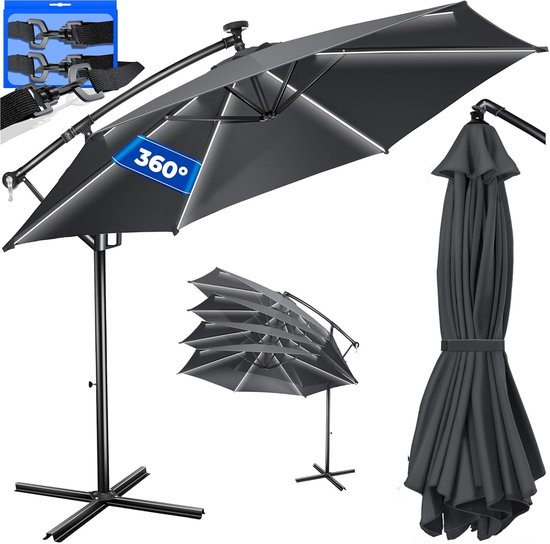 MaxxGarden Deluxe Parasol - Duurzame zweefparasol - Ø350 cm - Inclusief LED verlichting - 3,5 meter doorsnede - Antraciet - Hoes inbegrepen
