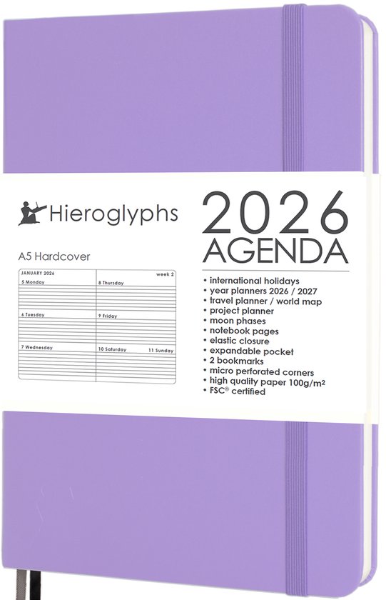 Hieroglyphs Agenda 2026 A5 - 1 Week op 2 pagina's - Harde Kaft - Elastiek - Opbergvak - 2 Bladwijzers - Weekagenda Jaaragenda Volwassenen - Paars - Lila